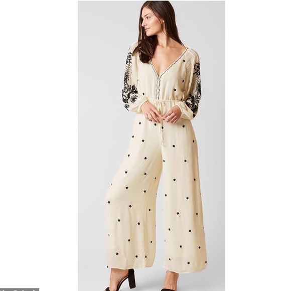FREE PEOPLE EMBROIDERED V-NECK WIDE LEG JUMPSUIT - Picture 13 of 14